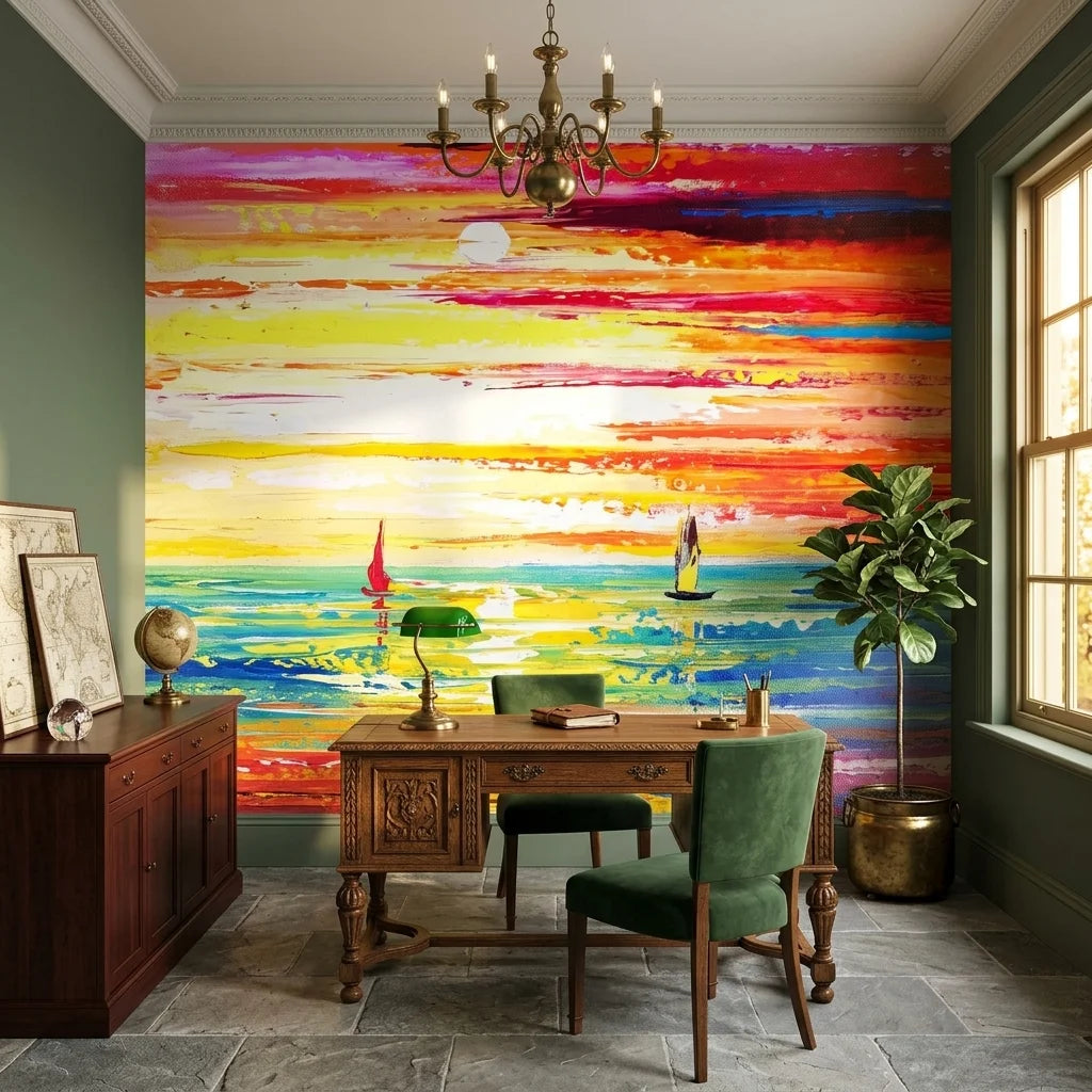 Flame Passage colorful sunset seascape wallpaper as a feature wall in a bright home office