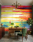 Flame Passage colorful sunset seascape wallpaper as a feature wall in a bright home office