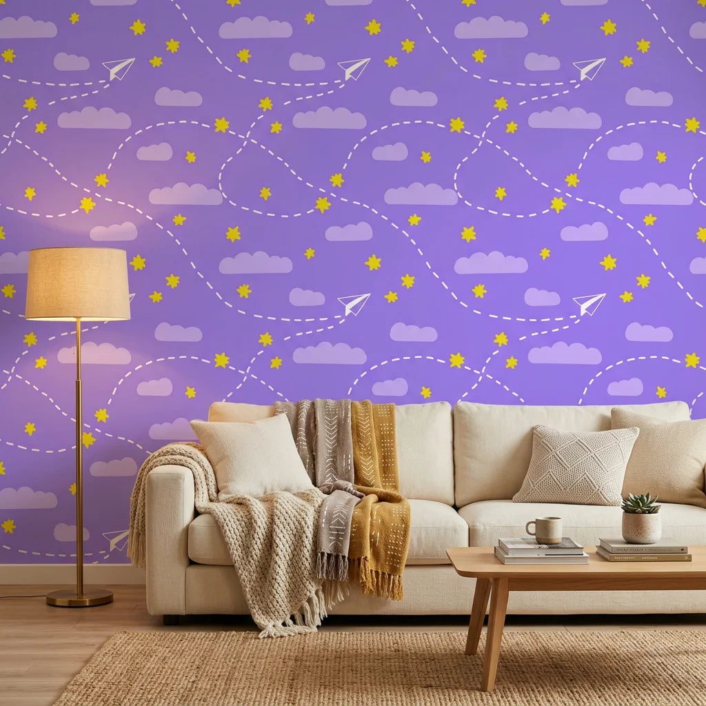Flight Dreams purple paper airplane and star wallpaper in a warm and inviting living room