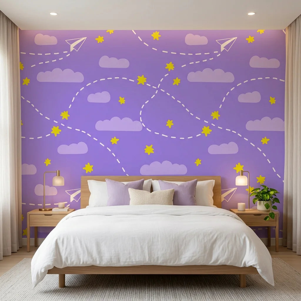 Flight Dreams purple paper airplane and star wallpaper adding character to a cozy bedroom