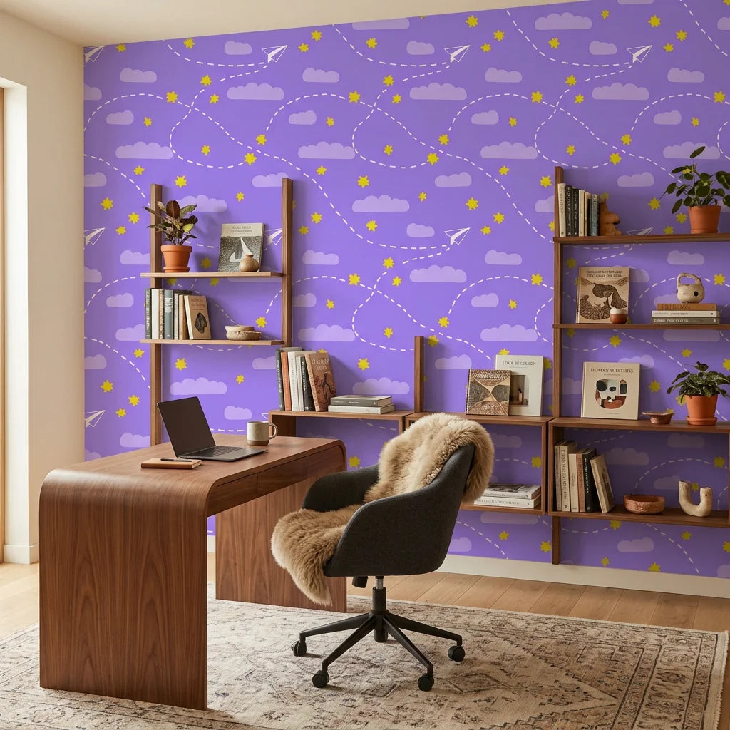Flight Dreams purple paper airplane and star wallpaper as a feature wall in a bright home office