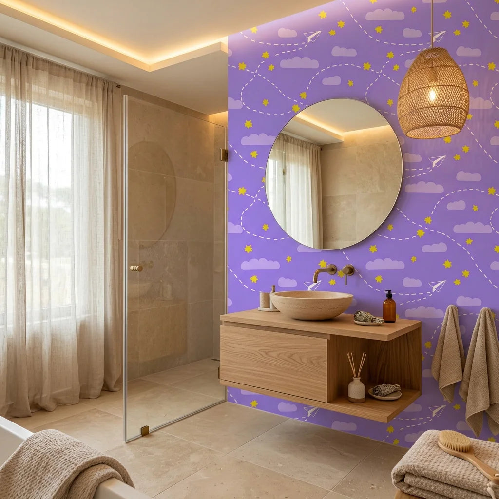 Flight Dreams purple paper airplane and star wallpaper creating ambiance in a serene bathroom