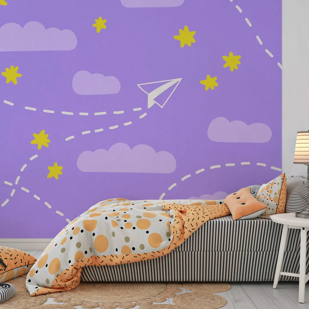 Removable wall covering featuring a playful design of purple paper aircraft and bright yellow star motifs - Flight Dreams