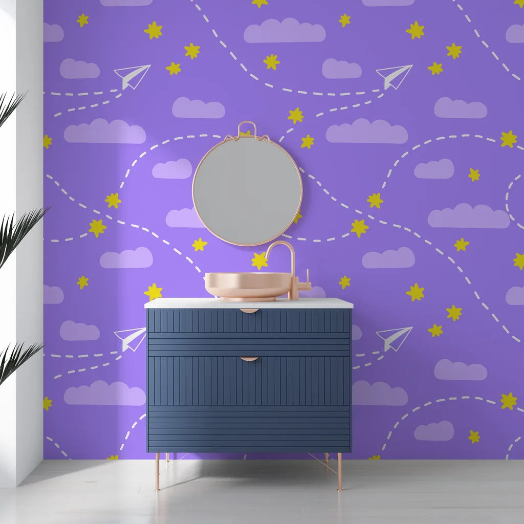 Purple origami airplanes soaring among glowing yellow stars in this peel and stick wallpaper design - Flight Dreams
