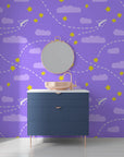 Purple origami airplanes soaring among glowing yellow stars in this peel and stick wallpaper design - Flight Dreams