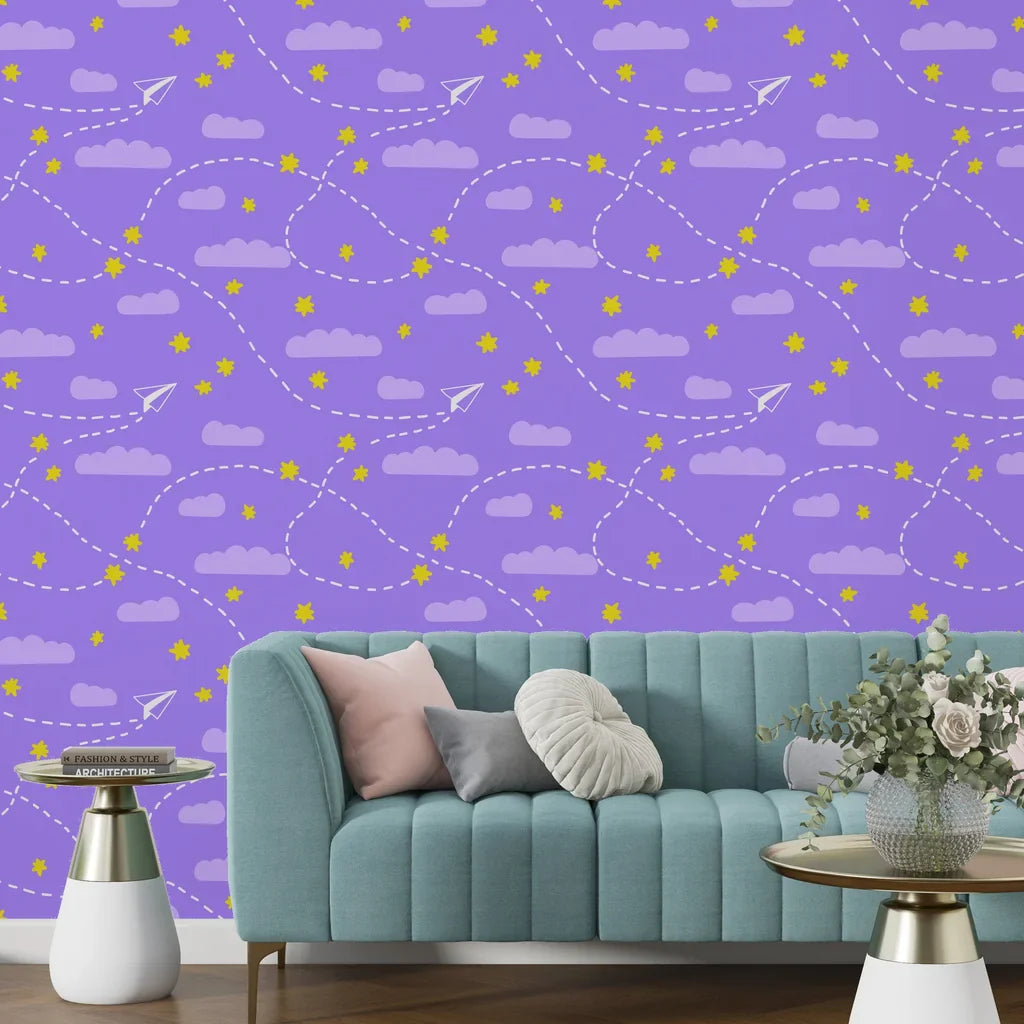 Vibrant kids' wallpaper with purple paper gliders and scattered yellow star accents with easy-to-apply adhesive - Flight Dreams