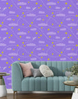 Vibrant kids' wallpaper with purple paper gliders and scattered yellow star accents with easy-to-apply adhesive - Flight Dreams