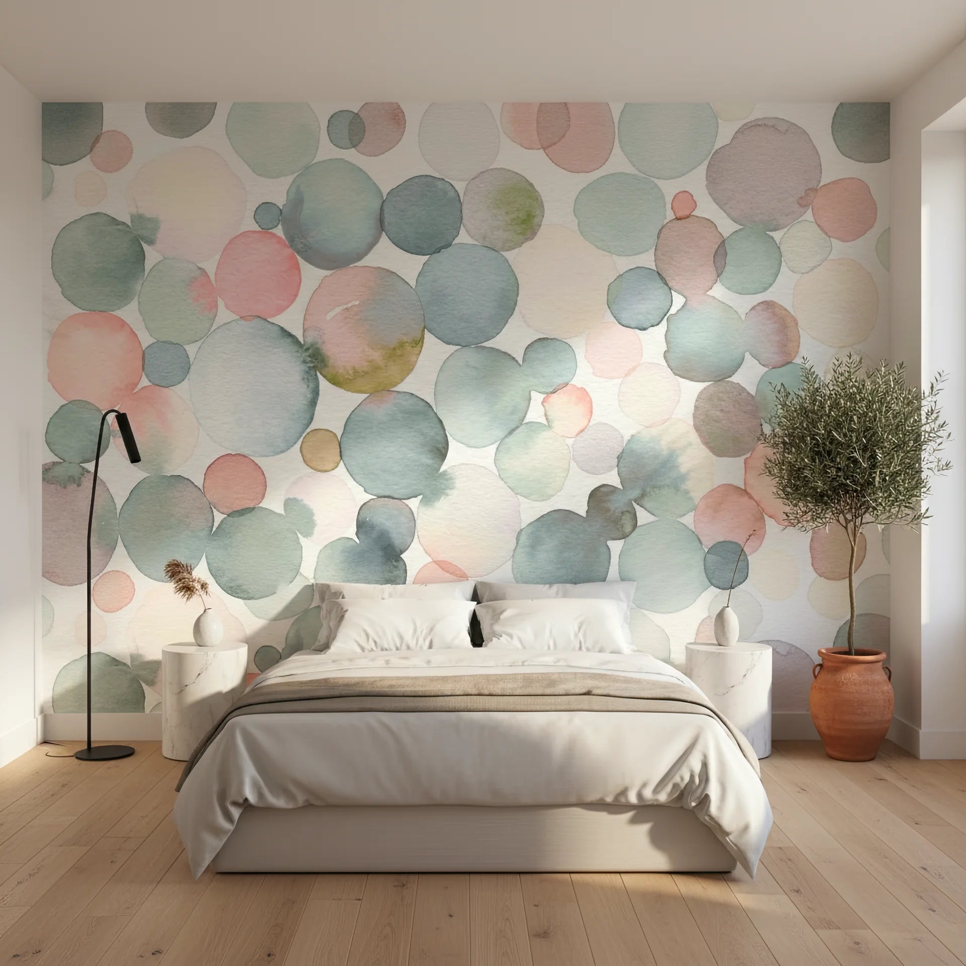 Soft pastel peel and stick wallpaper with floating circle design