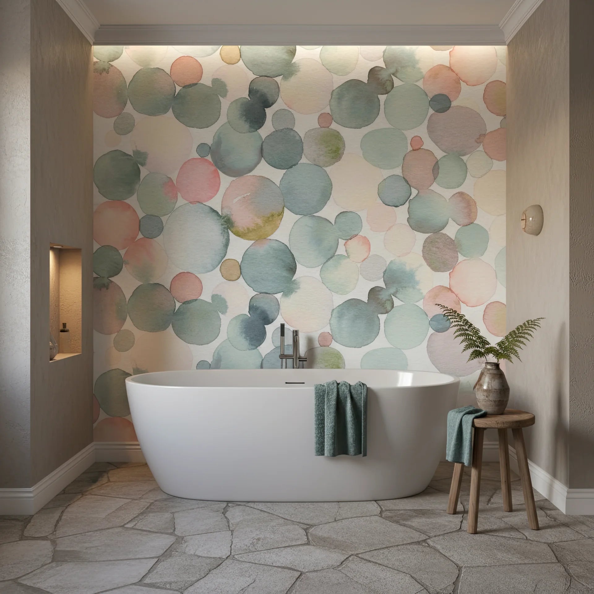 Pastel colored wallpaper with overlapping circular motifs