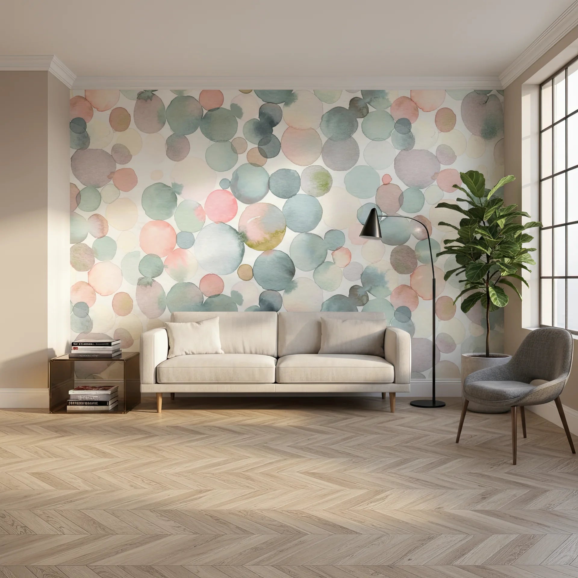 Soft pastel wallpaper sample with dreamy floating orb pattern