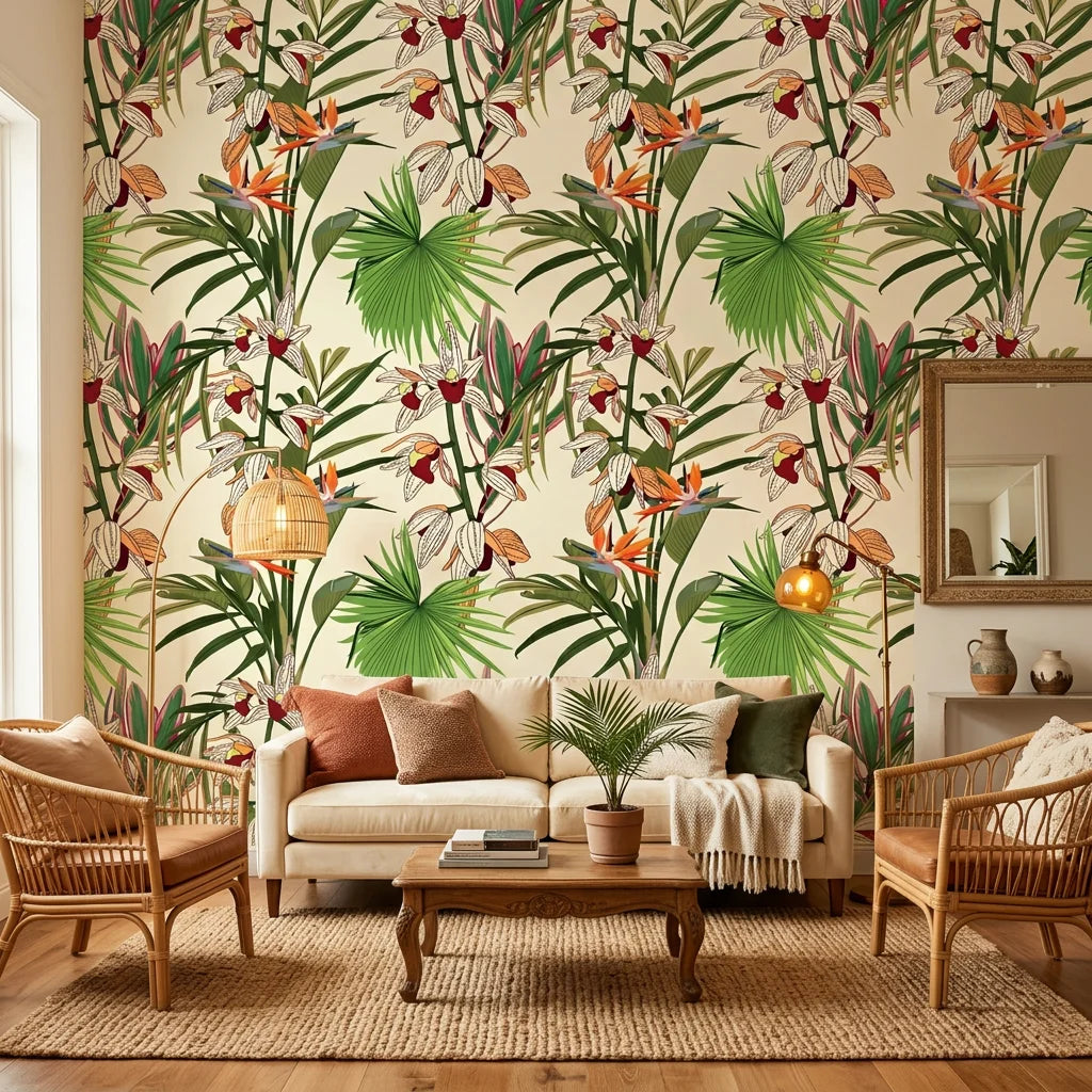 Flora Chroma colorful botanical wallpaper in a warm and inviting living room