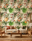 Flora Chroma colorful botanical wallpaper in a warm and inviting living room