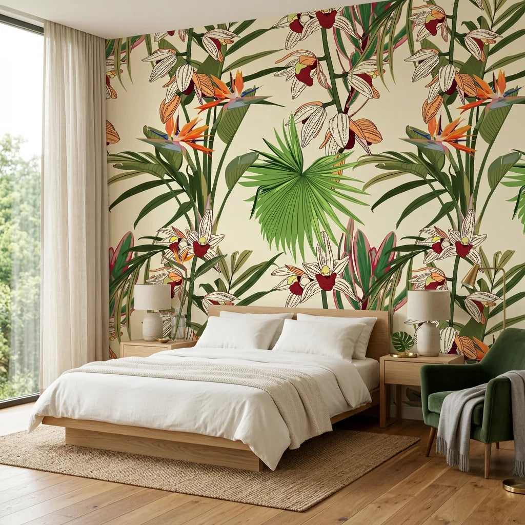Flora Chroma colorful botanical wallpaper adding character to a cozy bedroom