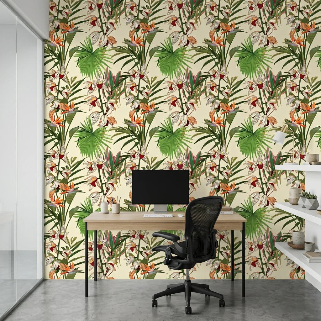 Flora Chroma colorful botanical wallpaper as a feature wall in a bright home office