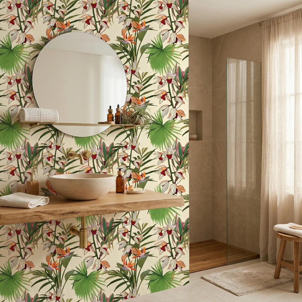Flora Chroma colorful botanical wallpaper creating ambiance in a serene bathroom