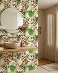 Flora Chroma colorful botanical wallpaper creating ambiance in a serene bathroom