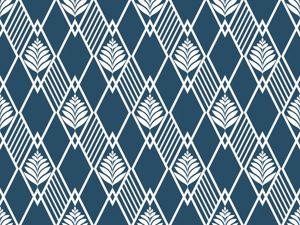 Floral Fantasia navy blue botanical diamond lattice wallpaper