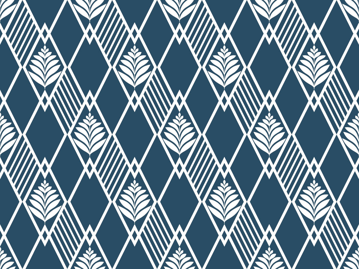 Floral Fantasia navy blue botanical diamond lattice wallpaper