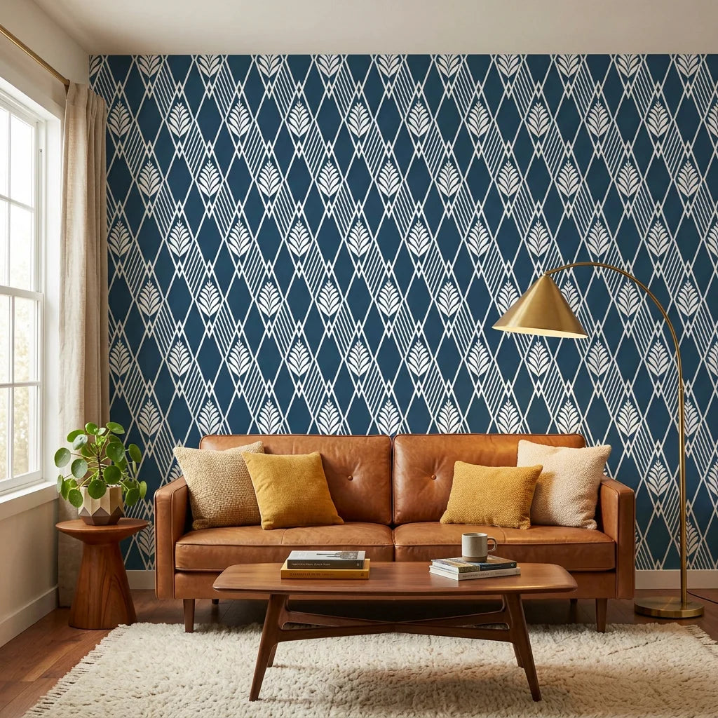 Floral Fantasia navy blue botanical diamond lattice wallpaper in a warm and inviting living room