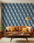 Floral Fantasia navy blue botanical diamond lattice wallpaper in a warm and inviting living room
