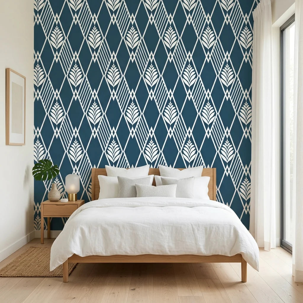 Floral Fantasia navy blue botanical diamond lattice wallpaper adding character to a cozy bedroom