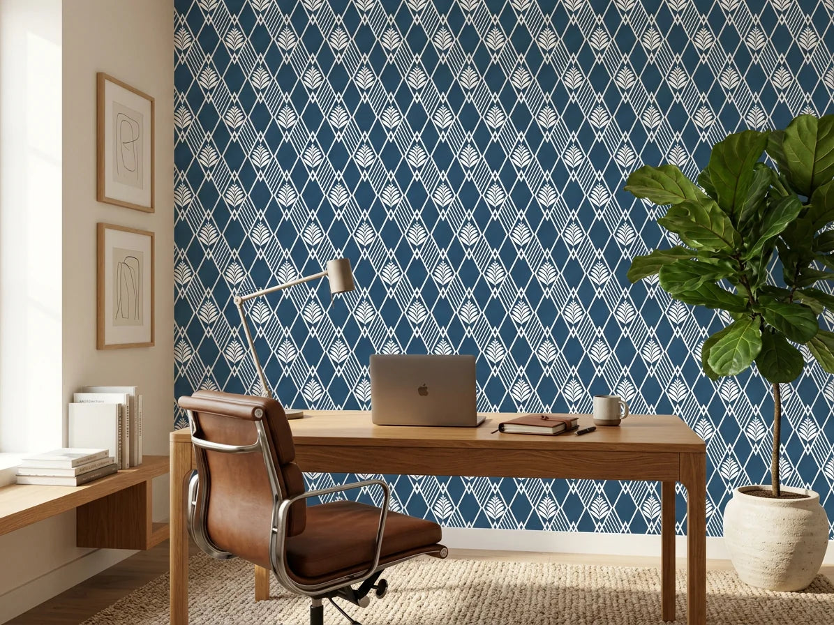 Floral Fantasia navy blue botanical diamond lattice wallpaper as a feature wall in a bright home office