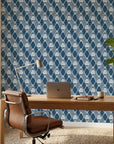 Floral Fantasia navy blue botanical diamond lattice wallpaper as a feature wall in a bright home office