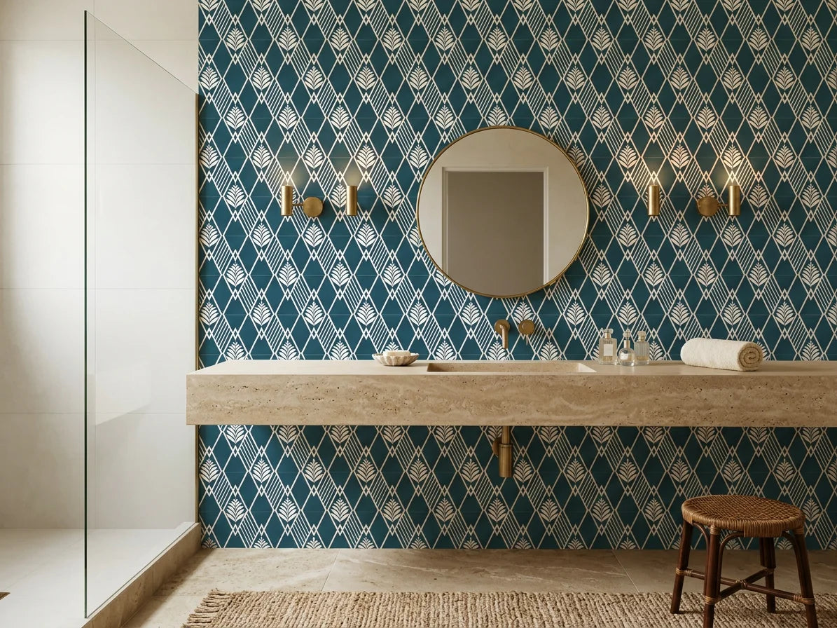 Floral Fantasia navy blue botanical diamond lattice wallpaper creating ambiance in a serene bathroom