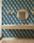 Floral Fantasia navy blue botanical diamond lattice wallpaper creating ambiance in a serene bathroom