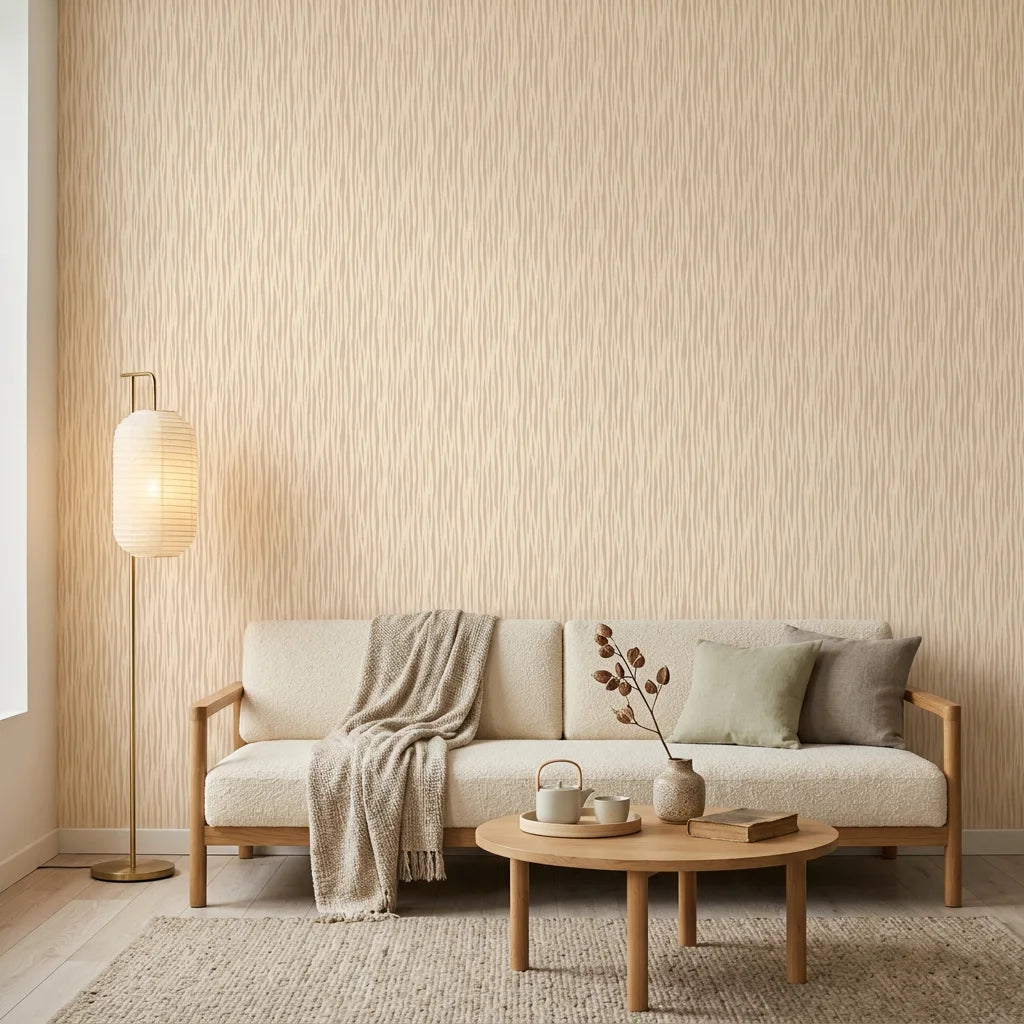 Fluid Grain abstract wood pattern wallpaper in a warm and inviting living room