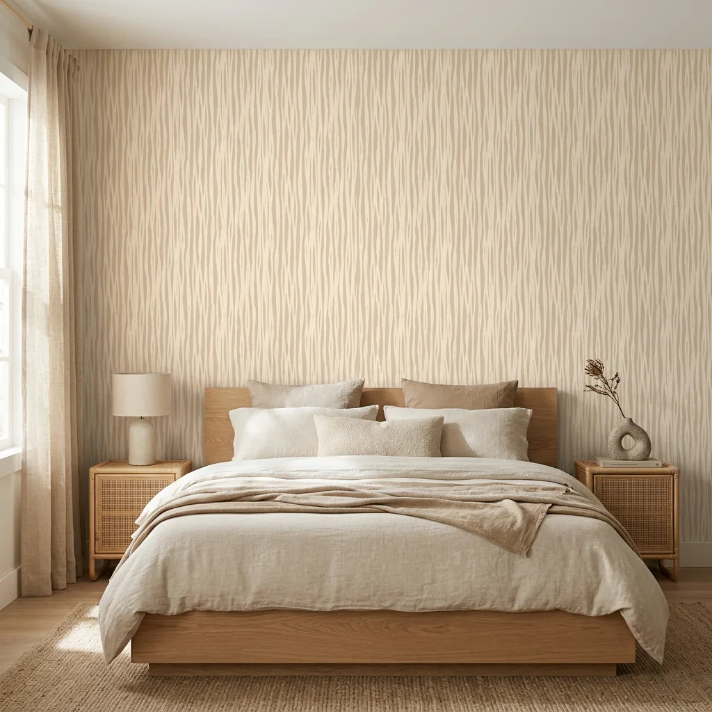 Fluid Grain abstract wood pattern wallpaper adding character to a cozy bedroom