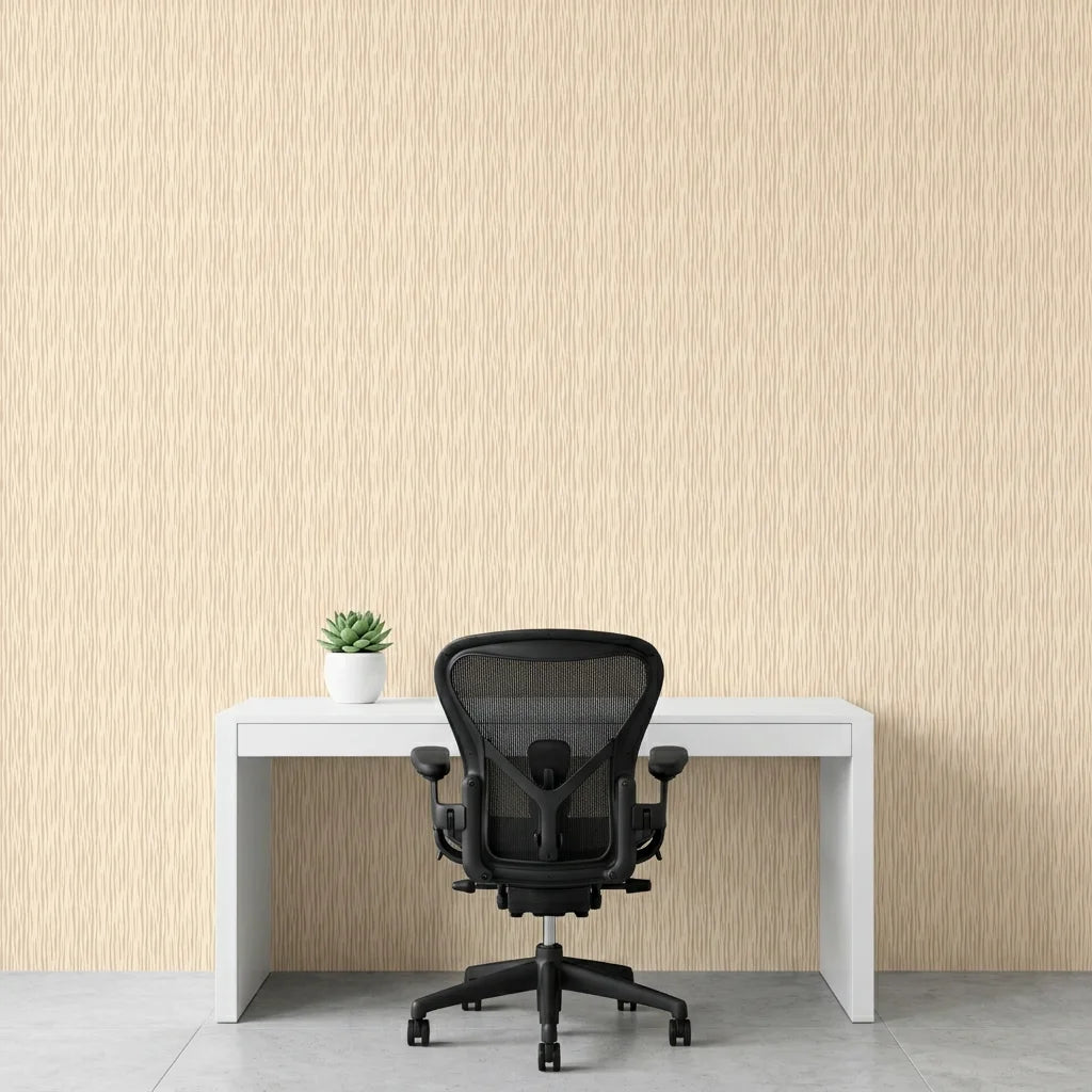 Fluid Grain abstract wood pattern wallpaper as a feature wall in a bright home office