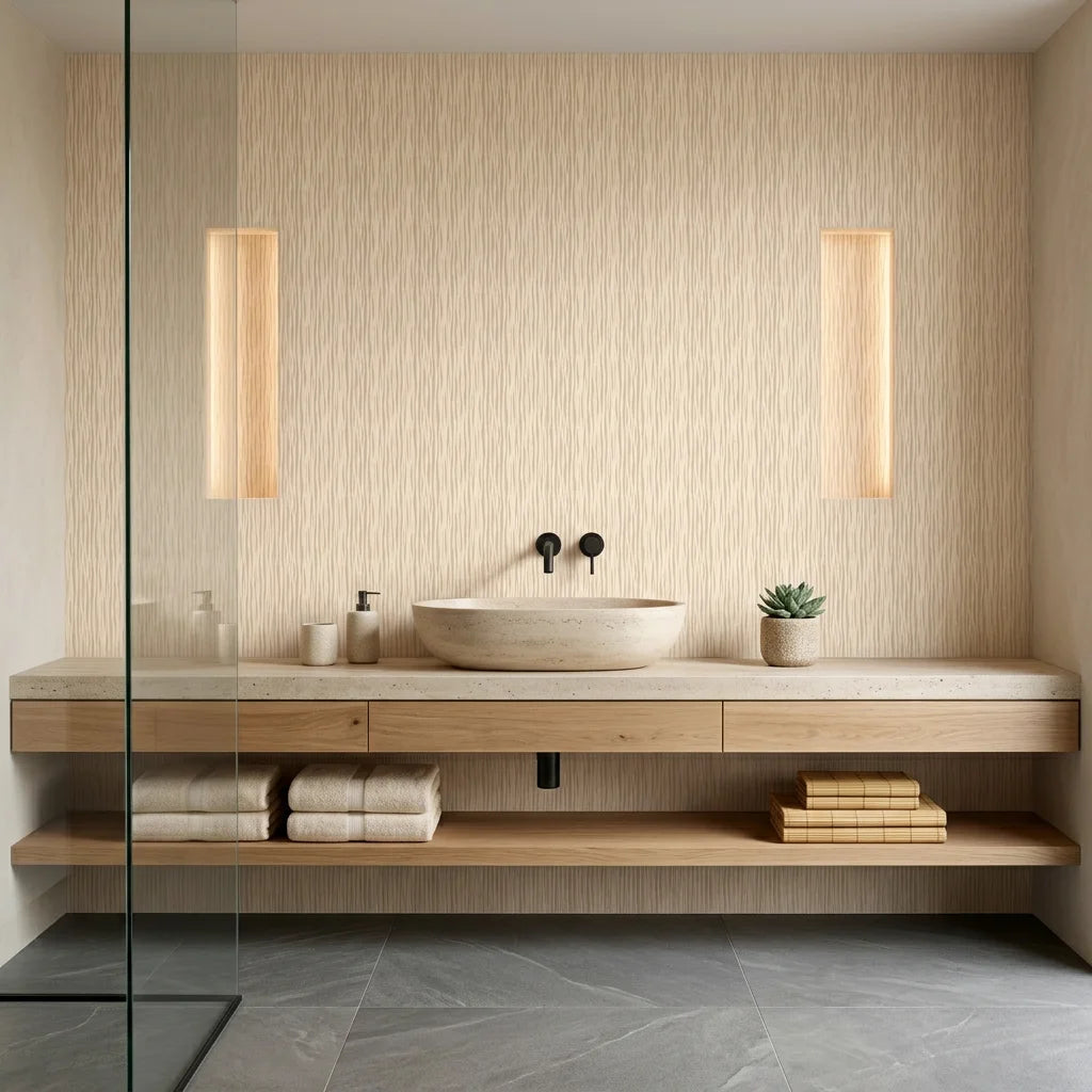 Fluid Grain abstract wood pattern wallpaper creating ambiance in a serene bathroom
