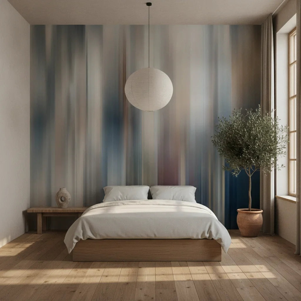 Fluid Form blue grey abstract motion in a warm and inviting living room