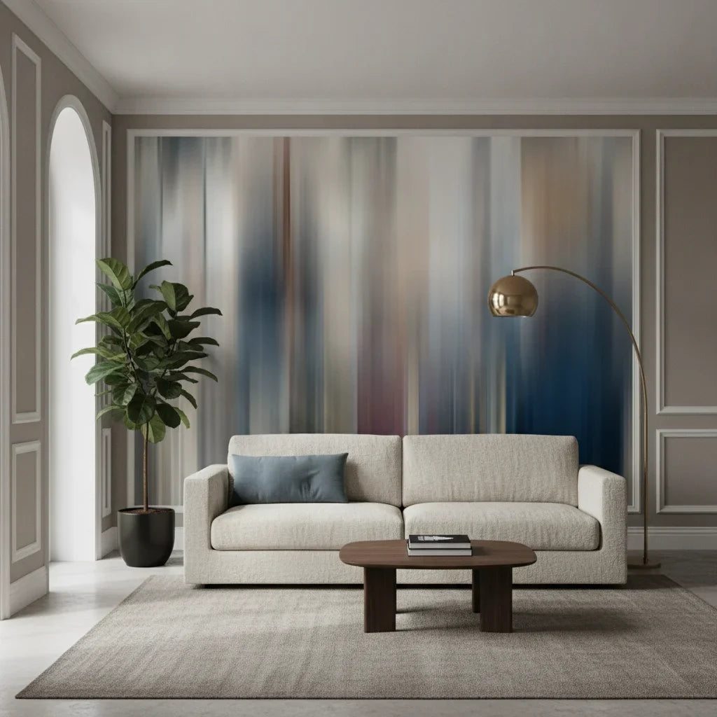 Fluid Form blue grey abstract motion adding character to a cozy bedroom