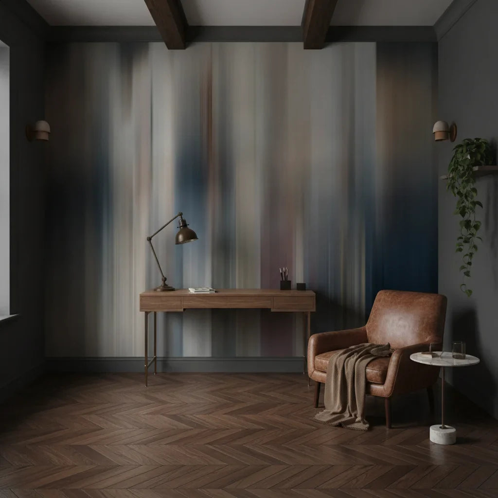 Fluid Form blue grey abstract motion as a feature wall in a bright home office