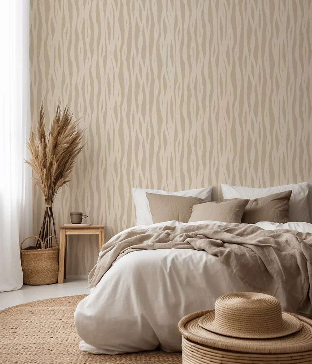 Beige wallpaper featuring a repeating motif of organic, upright wave shapes, mimicking the subtle texture of light wood or cascading natural fibers.