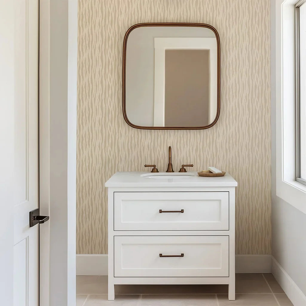 Vertical, free-form wave lines characterize this neutral beige wall covering, suggesting the look of soft wood grain or continuously flowing natural fibers.