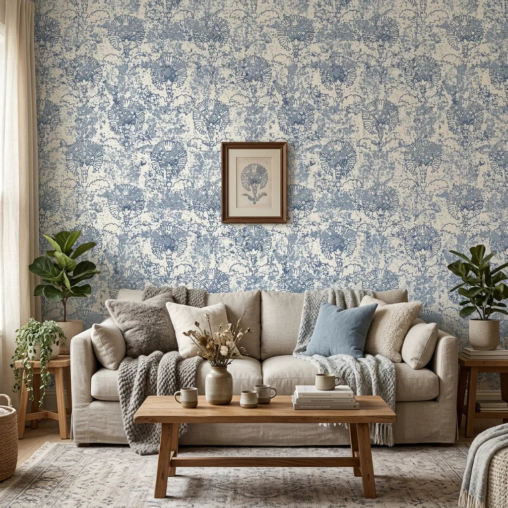 Blue and cream Fog Garden wallpaper with distressed damask pattern in modern living room setting