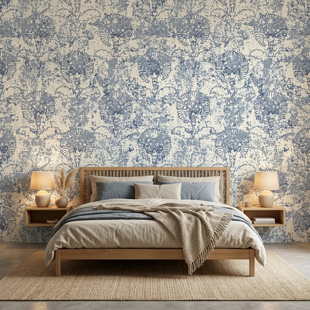 Distressed blue and beige Fog Garden wallpaper with ornate damask motifs on bedroom accent wall