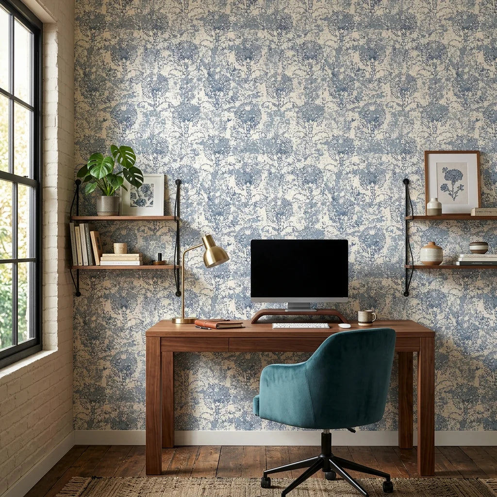 Fog Garden removable wallpaper with blue botanical motifs in modern home office setting