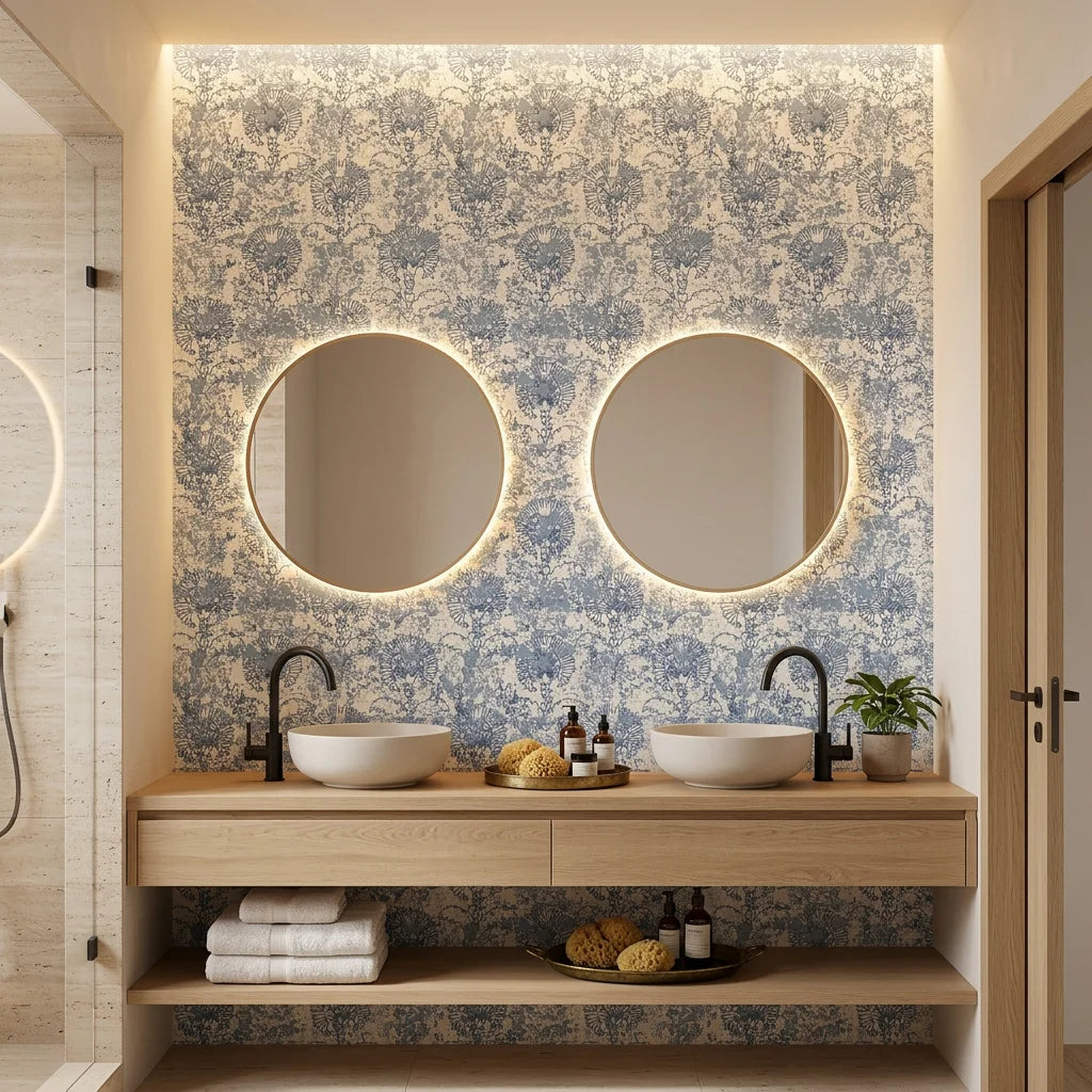 Blue and cream Fog Garden peel and stick wallpaper with botanical motifs in modern bathroom setting