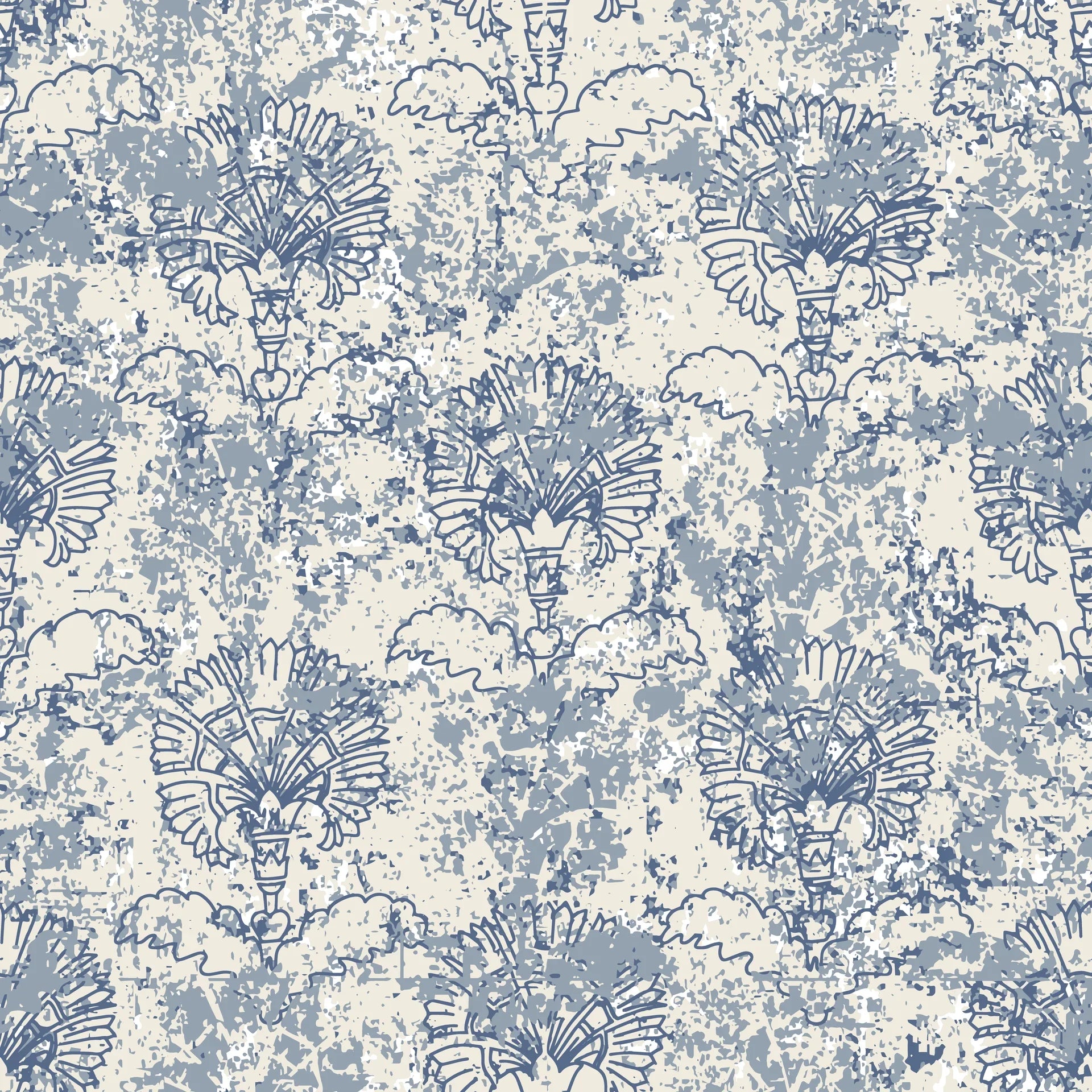 Vintage Fog Garden wallpaper with blue botanical motifs and distressed texture on cream background