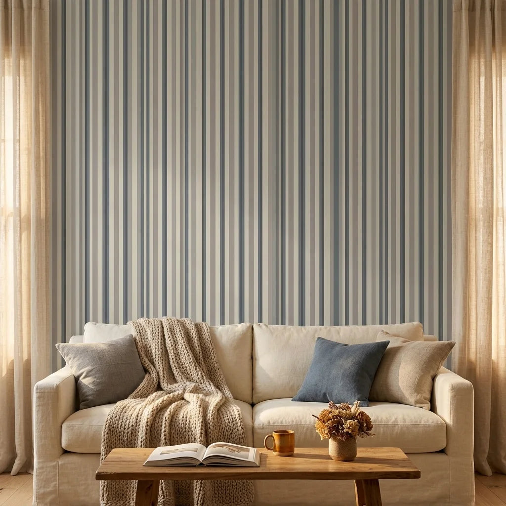 Fog & Stone neutral striped peel and stick wallpaper in a warm and inviting living room