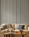 Fog & Stone neutral striped peel and stick wallpaper in a warm and inviting living room