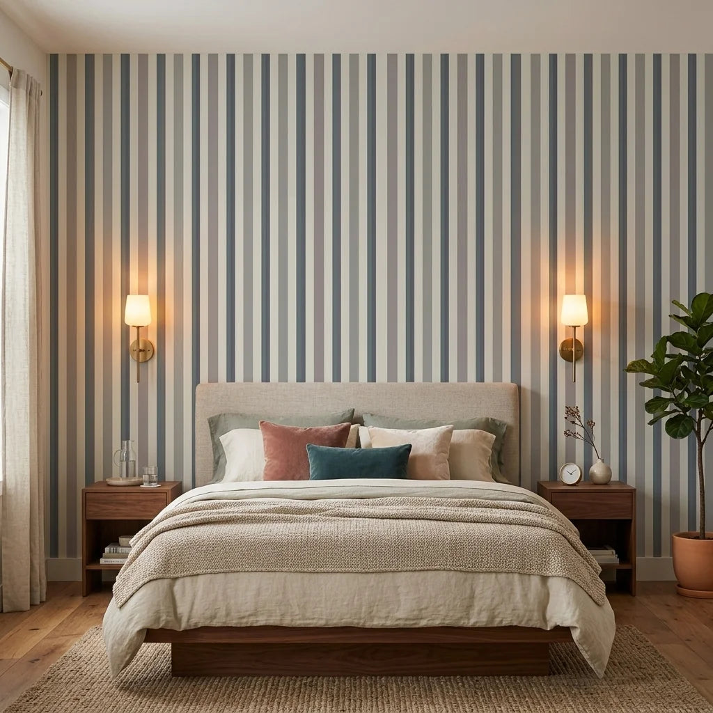 Fog & Stone neutral striped peel and stick wallpaper adding character to a cozy bedroom