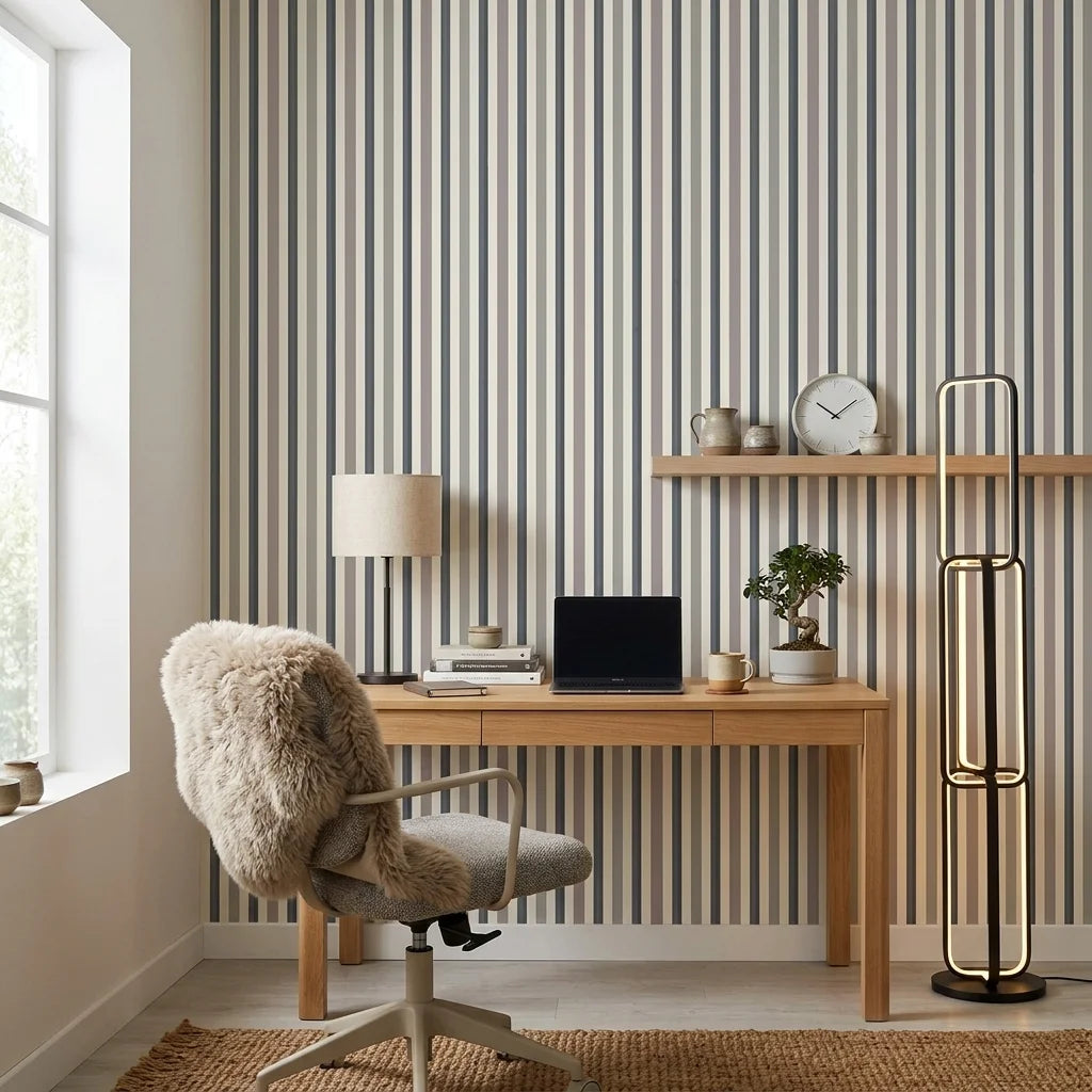 Fog & Stone neutral striped peel and stick wallpaper as a feature wall in a bright home office