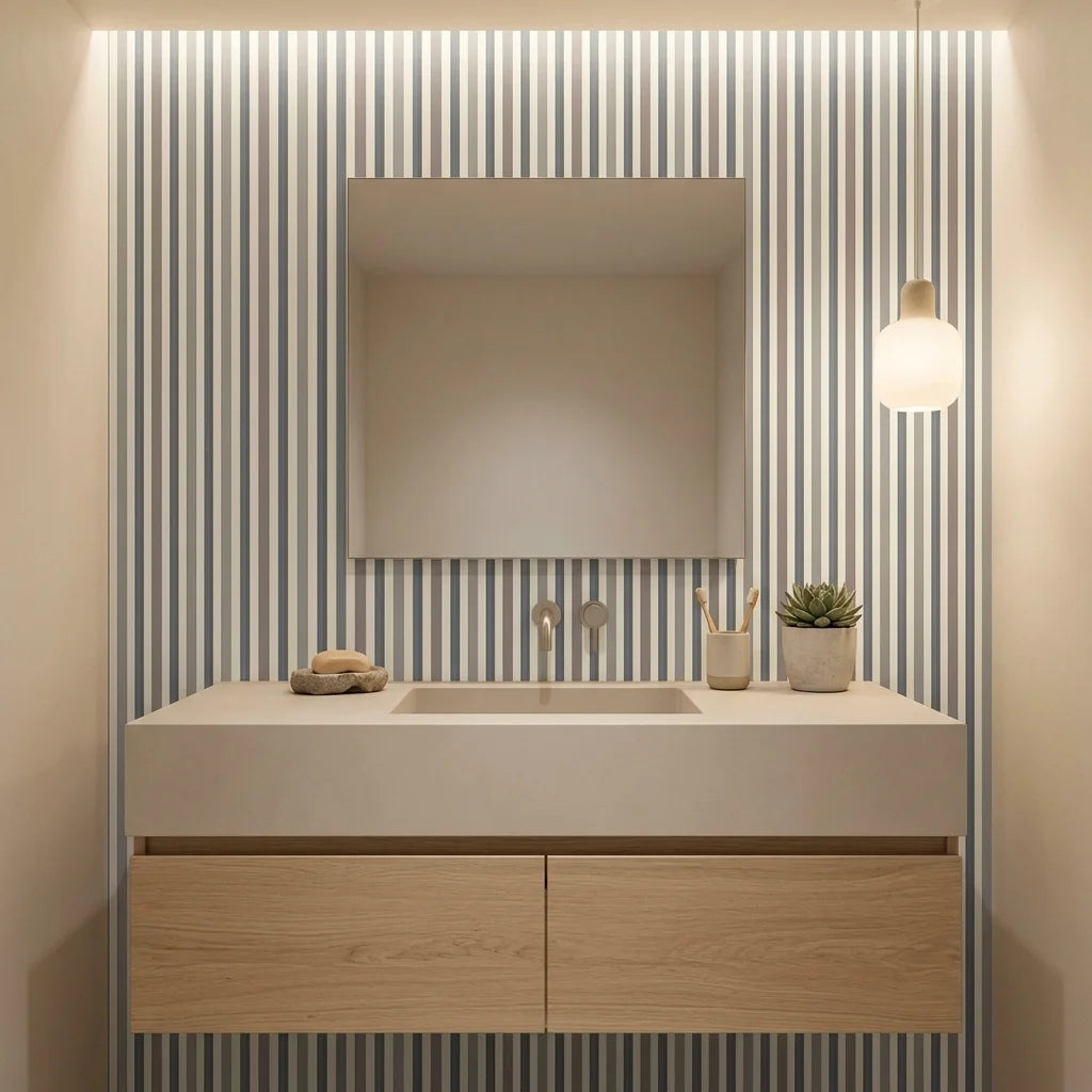 Fog & Stone neutral striped peel and stick wallpaper creating ambiance in a serene bathroom