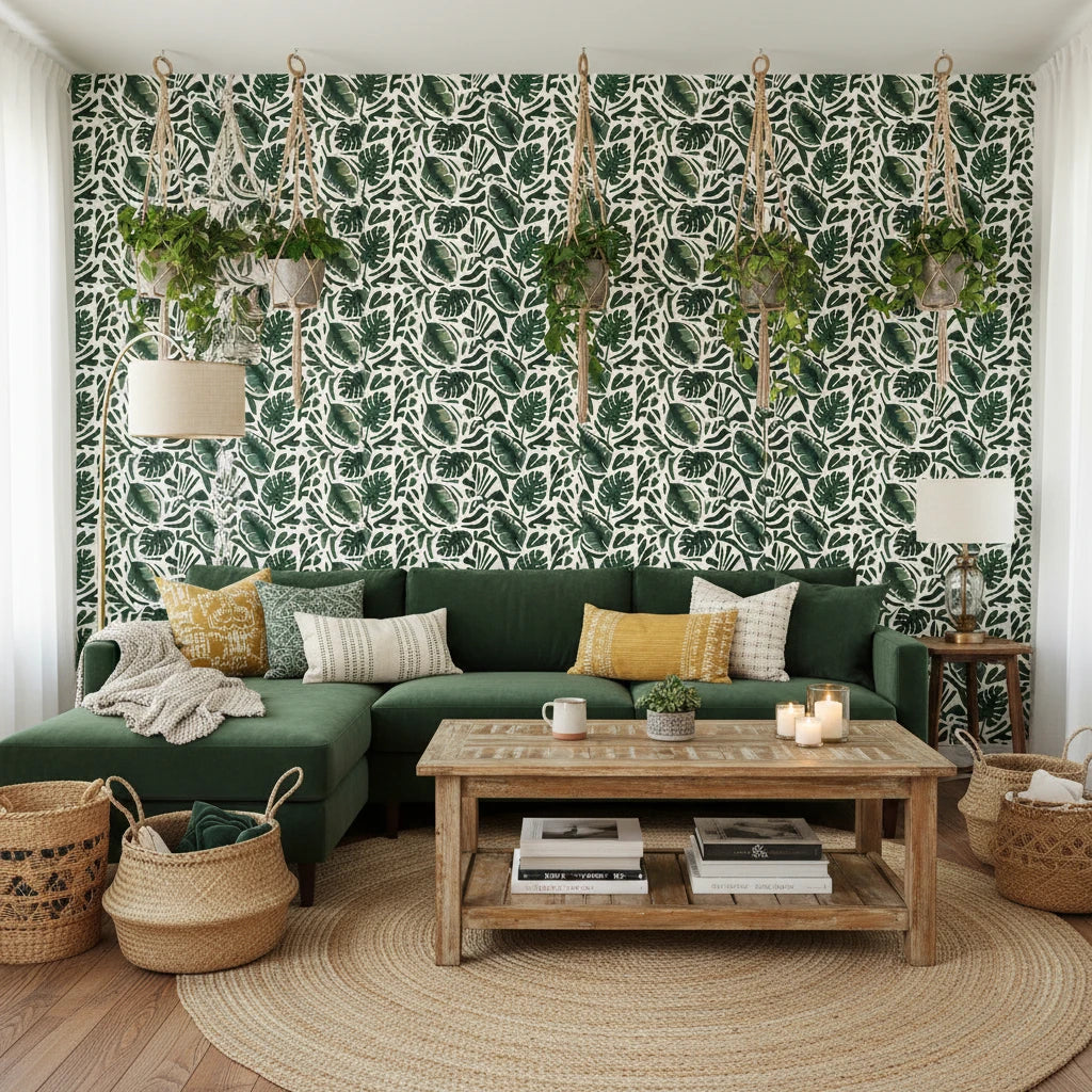 Foliage Fragments dark green tropical leaf wallpaper in a warm and inviting living room