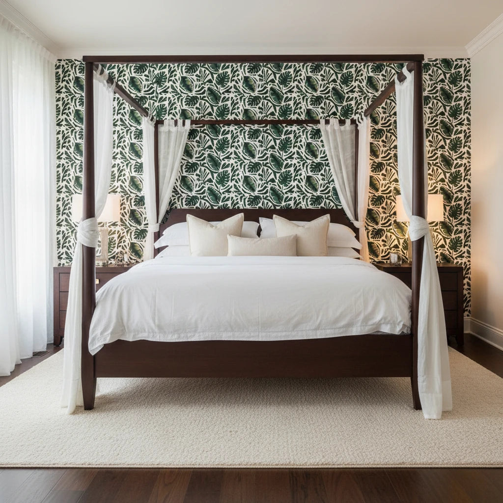 Foliage Fragments dark green tropical leaf wallpaper adding character to a cozy bedroom